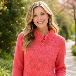 J.‎ Jill Womens XL Coral Pink Cable Knit Full Zip Mock Neck Cardigan Sweater